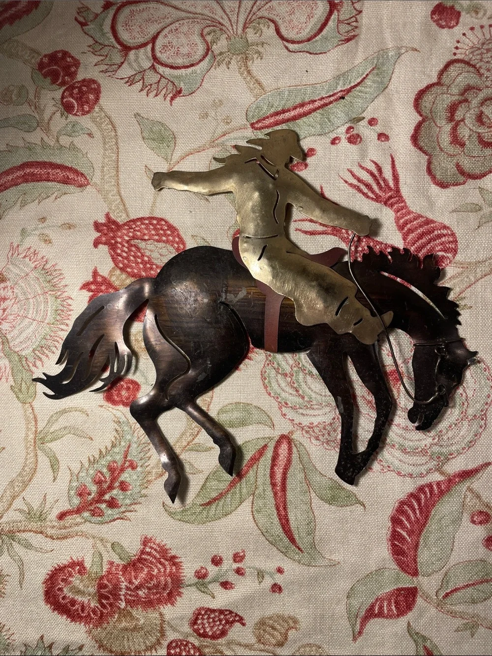 Cowboy on Bucking Horse Wall Art Brass and Dark Brown Western MCM Decor
